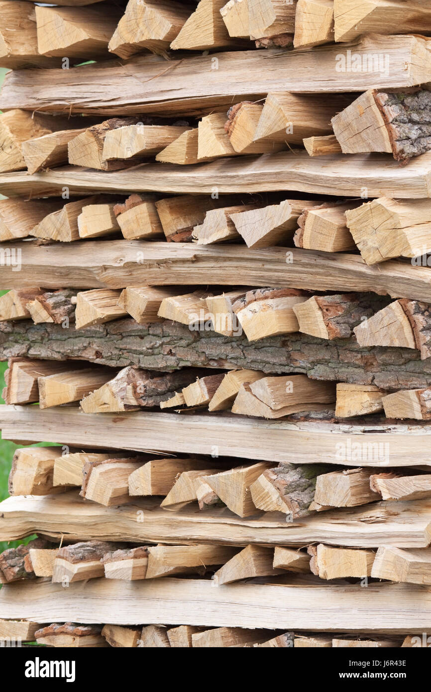 wood stack firewood log of wood woodpile biomass minced hacked wood energy Stock Photo
