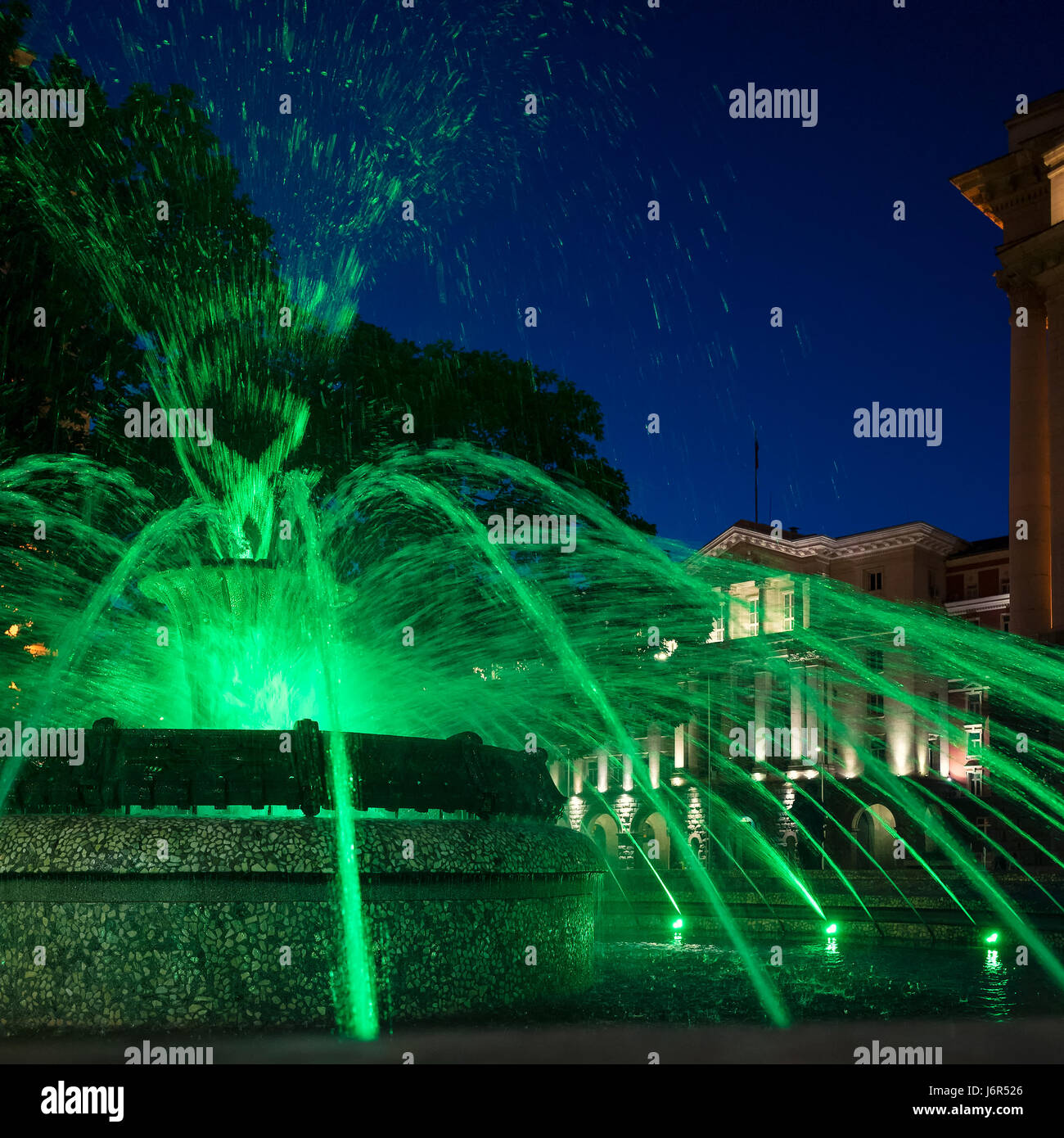 Eruption of green waters on the fountain close to the Bulgarian Parliament Stock Photo