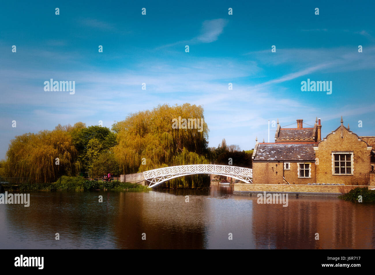 White Chinese Bridge on River Great Ouse spur at Godmanchester in Cambridgeshire. Stock Photo