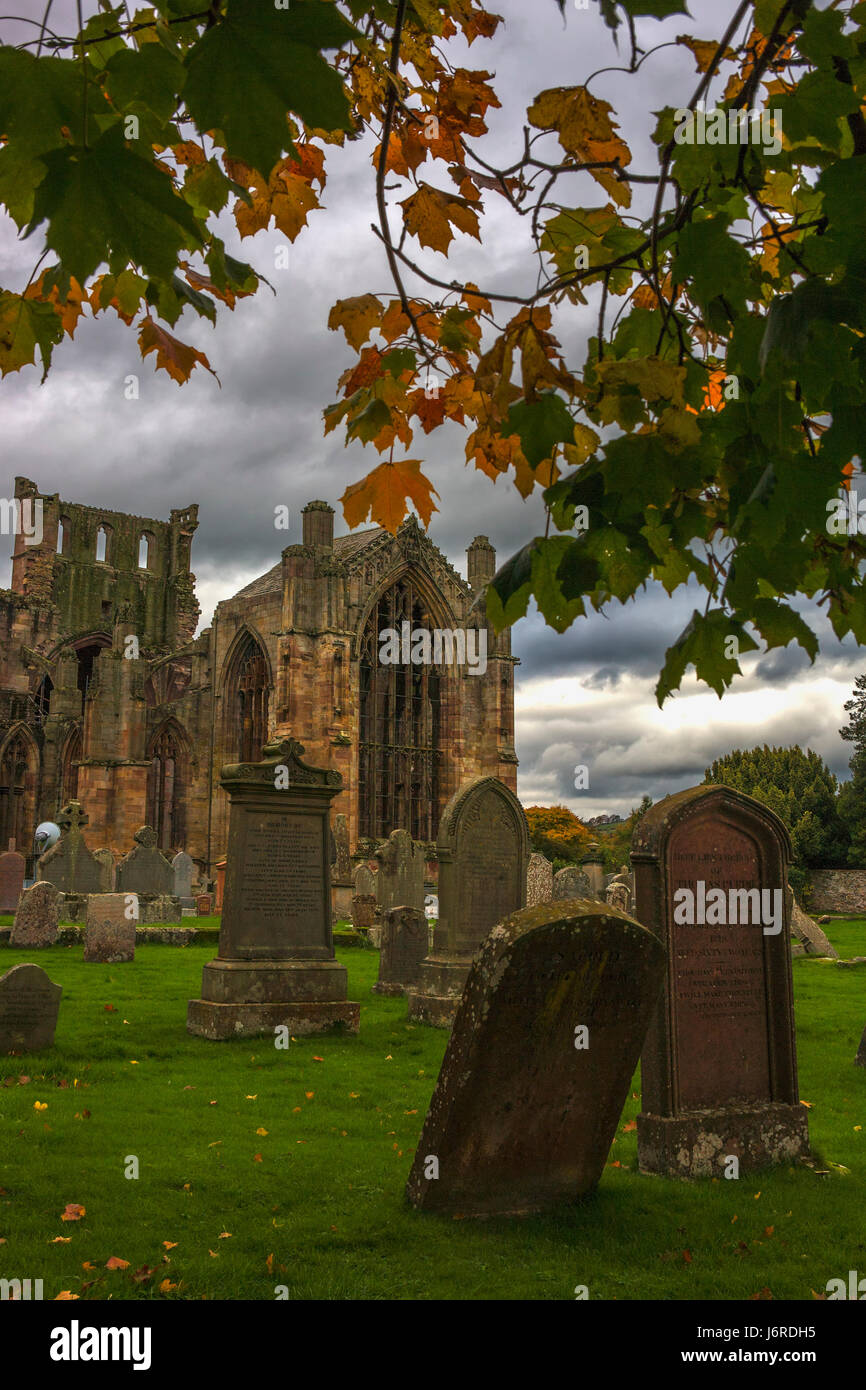 Melrose Abbey from across the burial ground, Scottish Borders Stock Photo