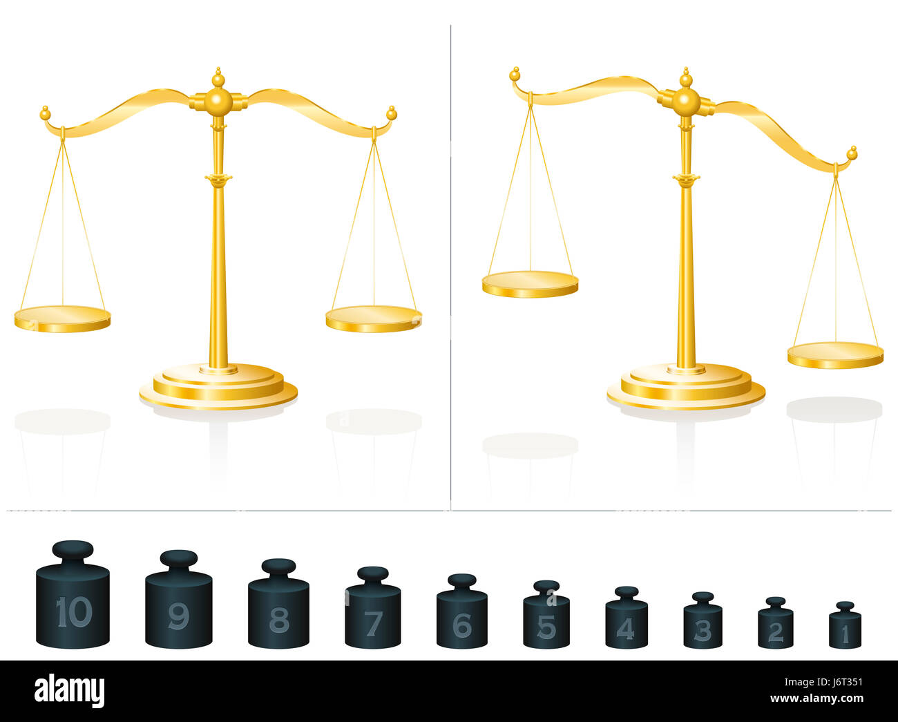 Scale for maths and physics - calculate with ten different weights and learn counting and addition - place them on the balanced or unbalanced pans. Stock Photo