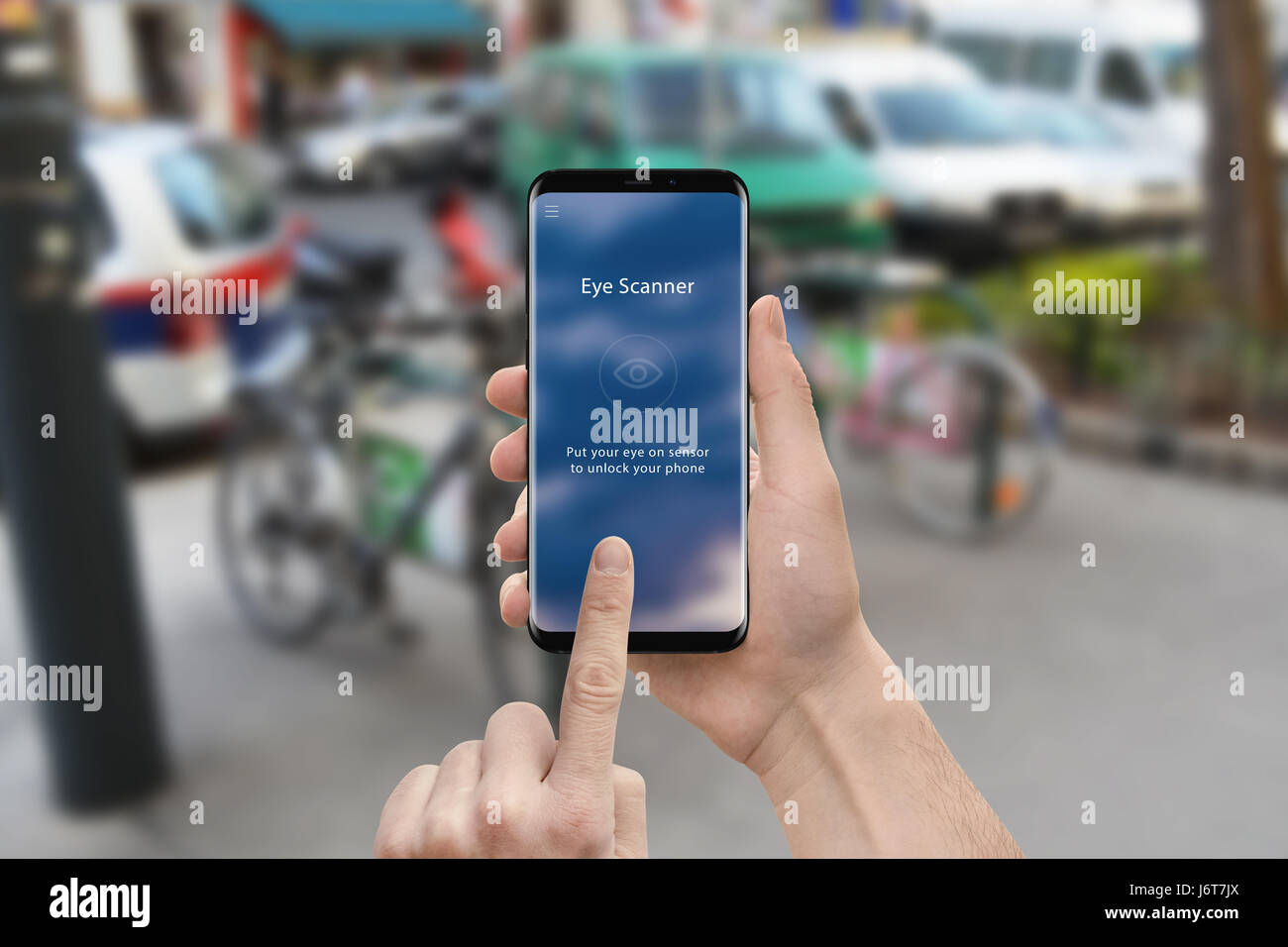 Eye scanner app on modern mobile phone. User interface flat design