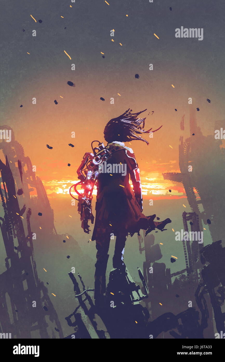 sci-fi concept of the man with robotic arm standing on ruined buildings looking at sunset sky with digital art style, illustration painting Stock Photo