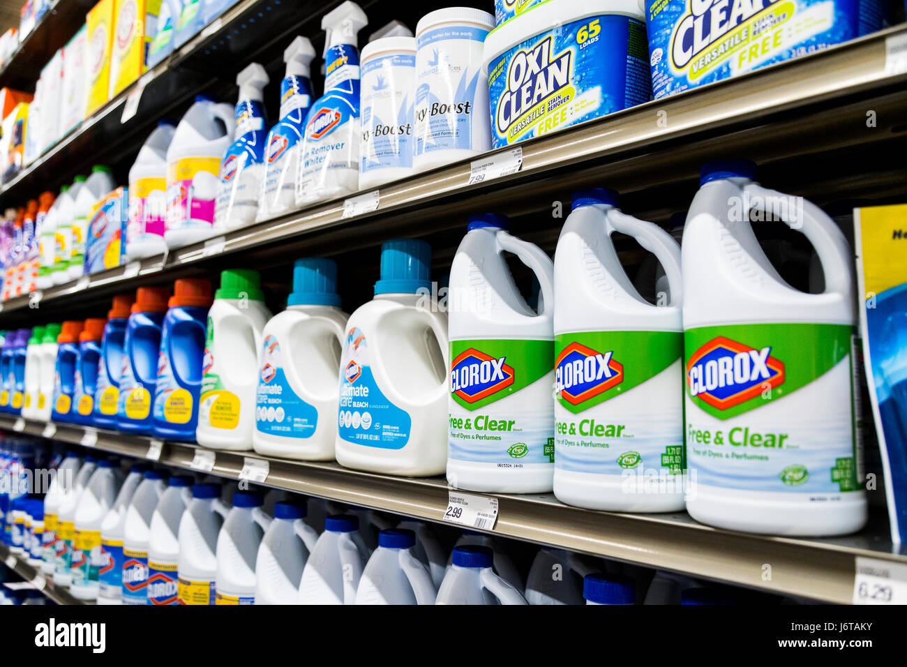 Rows of Clorox brand liquid bleach on a grocery store shelf Stock Photo