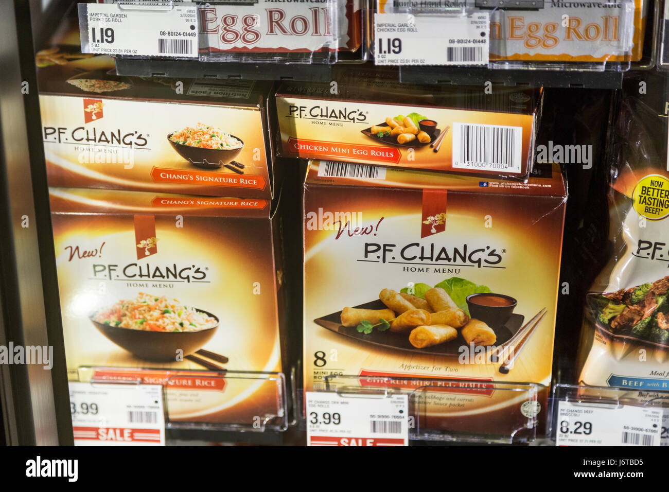 boxes of P.F.Chang's brand frozen food in the freezer section of a grocery store Stock Photo