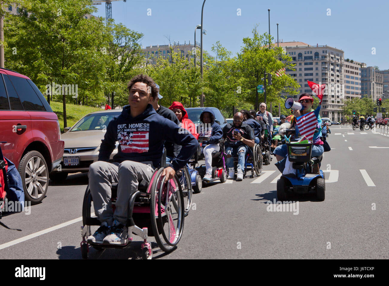 May 15, 2017, Washington, DC USA:  Members of ADAPT and disability activists, many in wheelchairs, protest and demand disability rights. Stock Photo