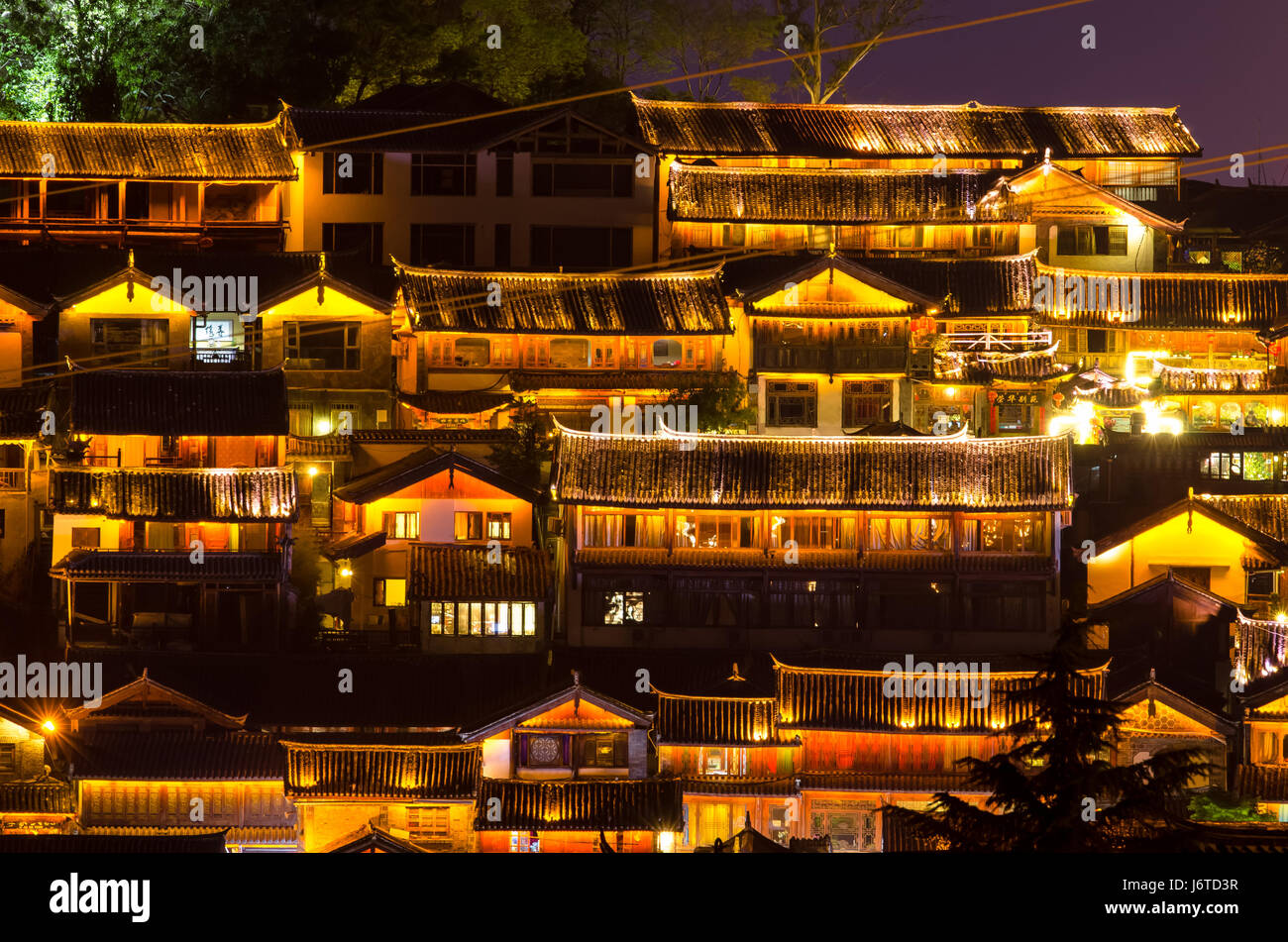 Lijiang, China - April 14,2017 : Night scenic view of the Old Town of Lijiang in Yunnan, China. The Old Town of Lijiang is a UNESCO World Heritage Sit Stock Photo