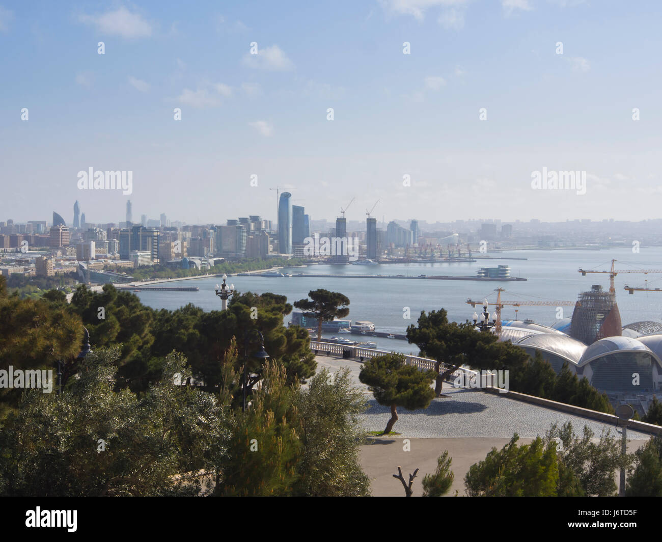 Baku, the capital city of Azerbaijan, on the shore of the Caspian sea, view of  city centre and seaside promenade from the Dagustu park Stock Photo