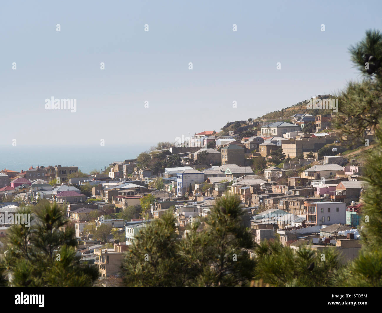 Baku, the capital city of Azerbaijan, on the shore of the Caspian sea, view of the Bayil residential district from the Dagustu park Stock Photo
