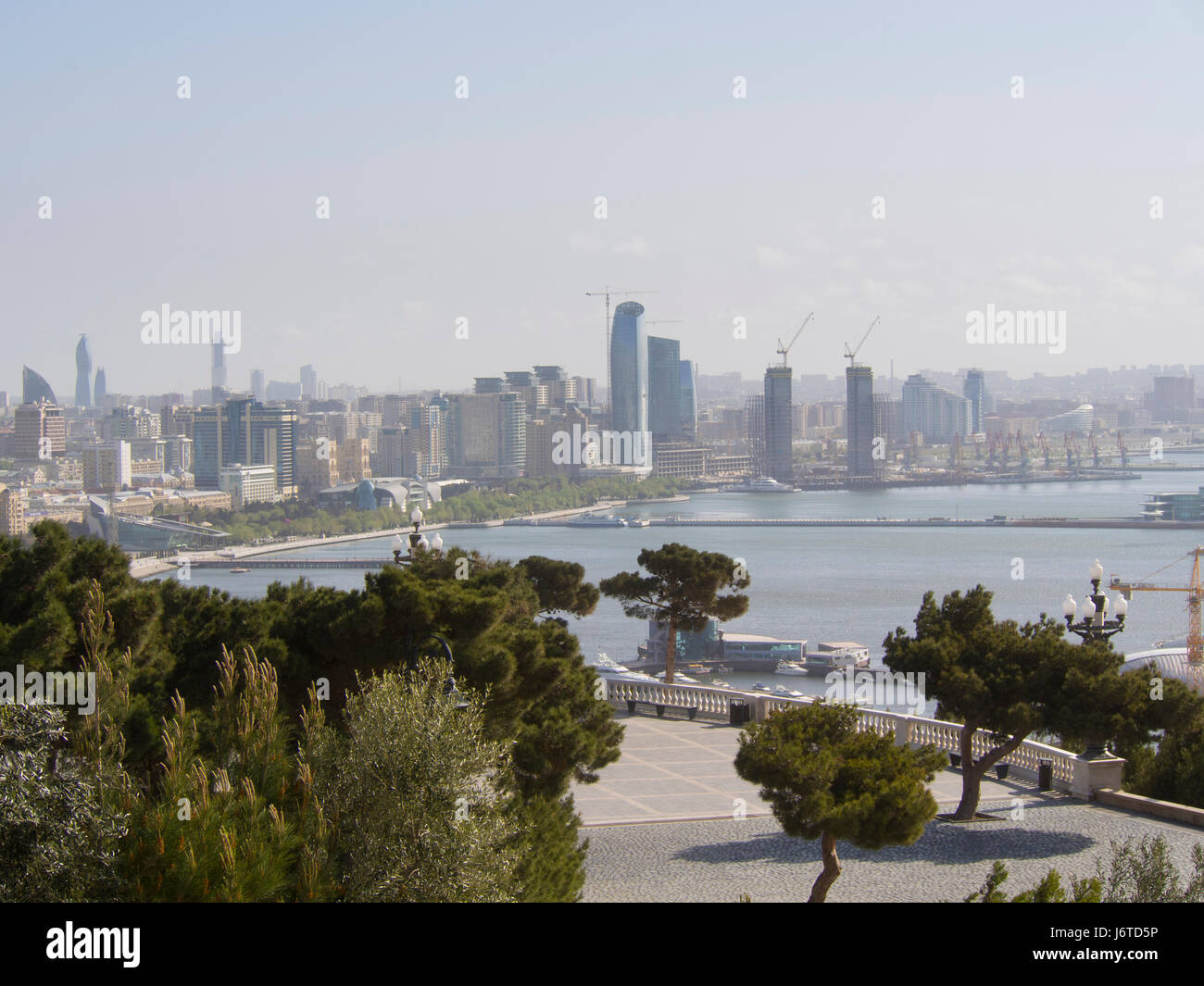 Baku, the capital city of Azerbaijan, on the shore of the Caspian sea, view of  city centre and seaside promenade from the Dagustu park Stock Photo