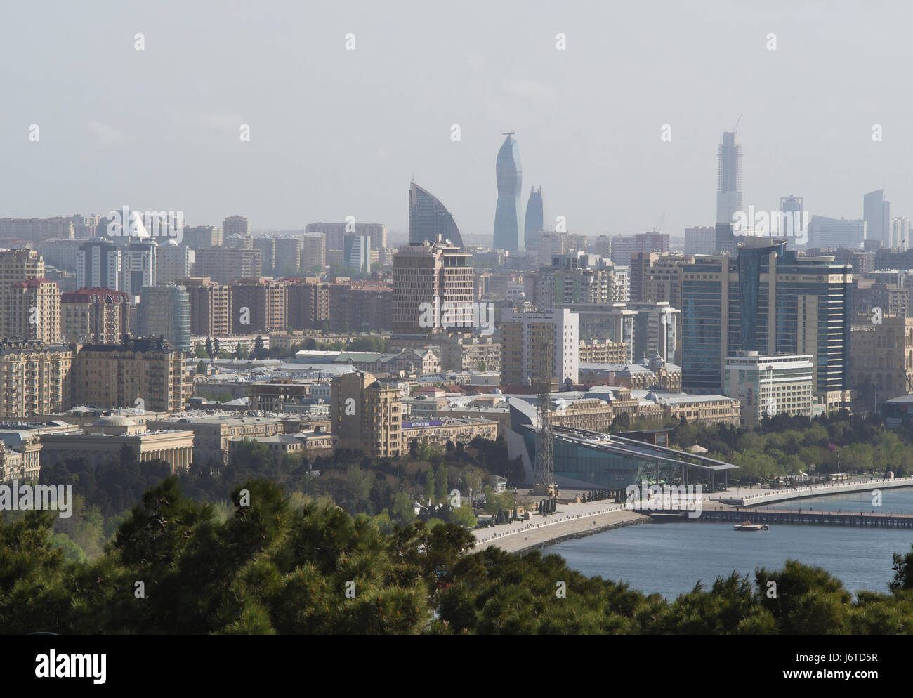 Baku, the capital city of Azerbaijan, on the shore of the Caspian sea, view of  city centre and seaside promenade from the Dagustu park Stock Photo