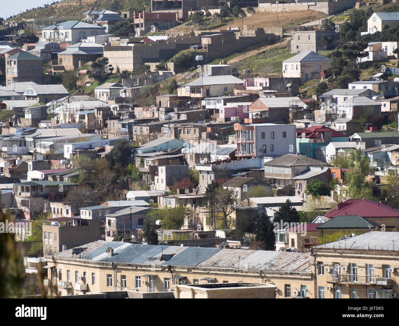 Baku, the capital city of Azerbaijan, on the shore of the Caspian sea, view of the residential district Bayil from the Dagustu park Stock Photo