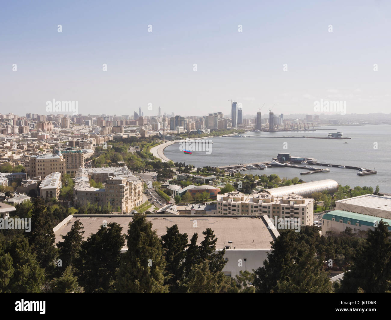 Baku, the capital city of Azerbaijan, on the shore of the Caspian sea, view of the city centre and seaside promenade from the Dagustu park Stock Photo