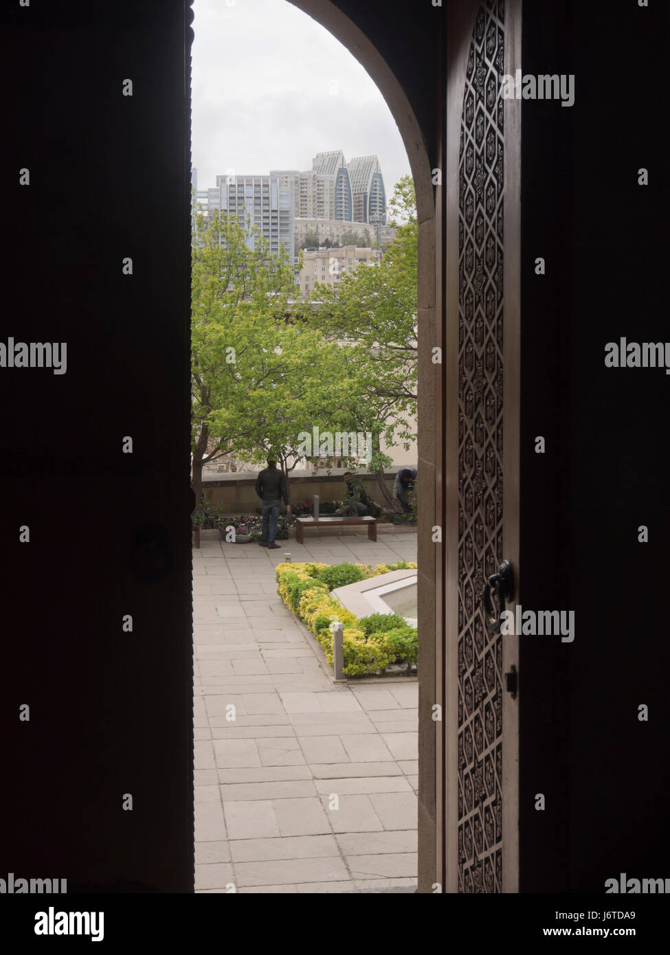 Palace of the Shirvanshahs, a Unesco world heritage site in the old walled city in Baku Azerbaijan, view of city from main doors Stock Photo