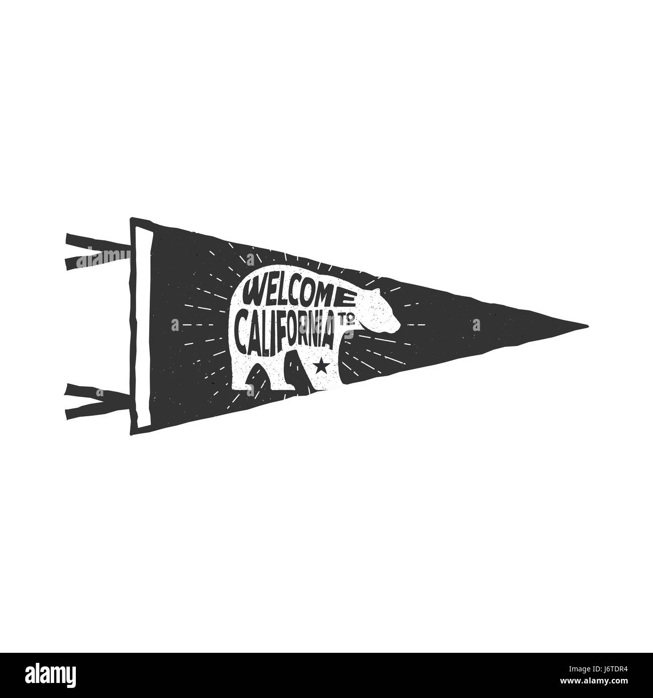 Vintage hand drawn pennant template. Welcome to California sign and bear symbol. Retro textured, letterpress effect. Outdoor adventure style. Stock Vector isolated on white background Stock Vector