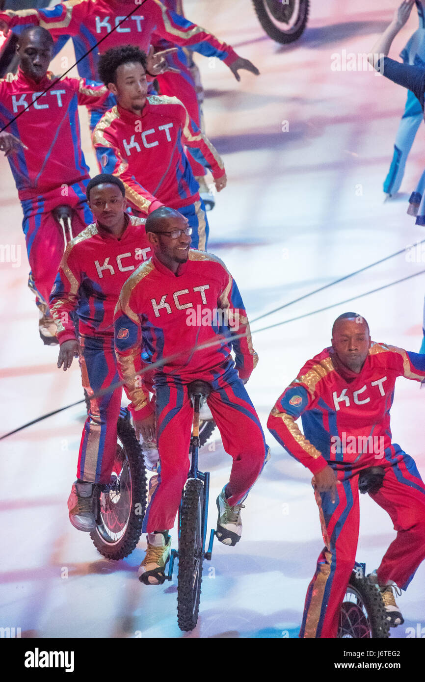 The King Charles Troupe play basketball on unicycles. The Ringling Bros