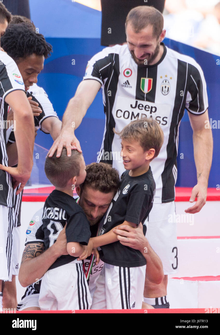Turin Italy 21st May 2017 T B Giorgio Chiellini Claudio Marchisio Juventus Football Soccer Claudio Marchisio Of Juventus Celebrates Their Sixth Straight League Title With His Sons Davide And Leonardo After The Italian