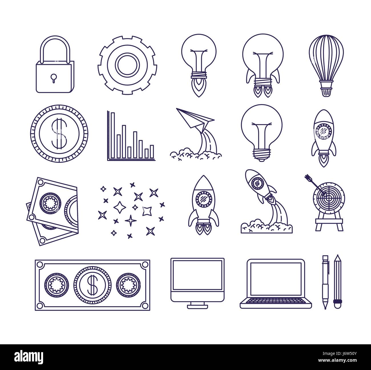 white background with blue silhouette of icons work innovation Stock ...
