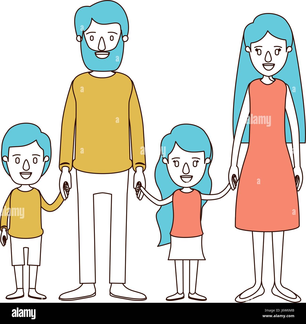 Caricature Color Sections And Blue Hair Of Family With Parents And