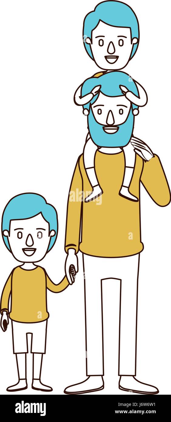 Caricature Color Sections And Blue Hair Of Bearded Father With Boy
