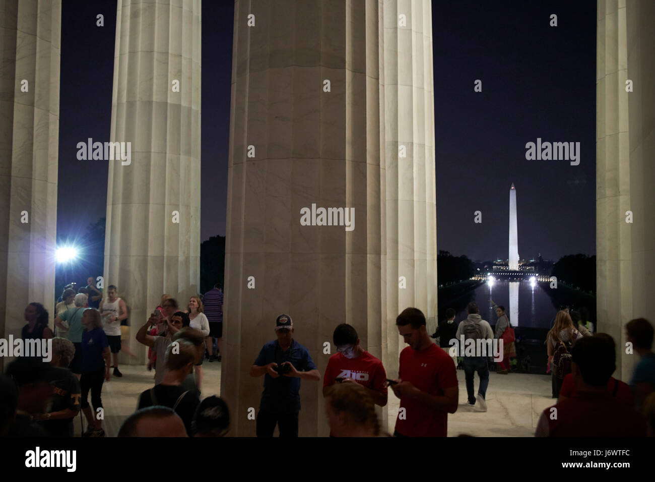 looking out of the lincoln memorial at night Washington DC USA Stock Photo
