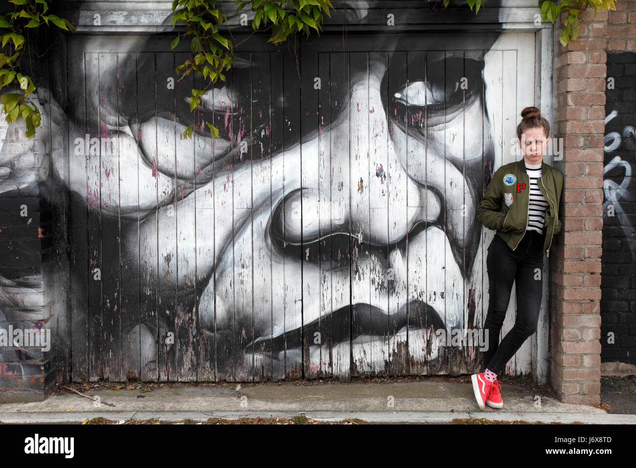 James Brown graffiti art on an old garage door. King and creator of Funk. Stock Photo