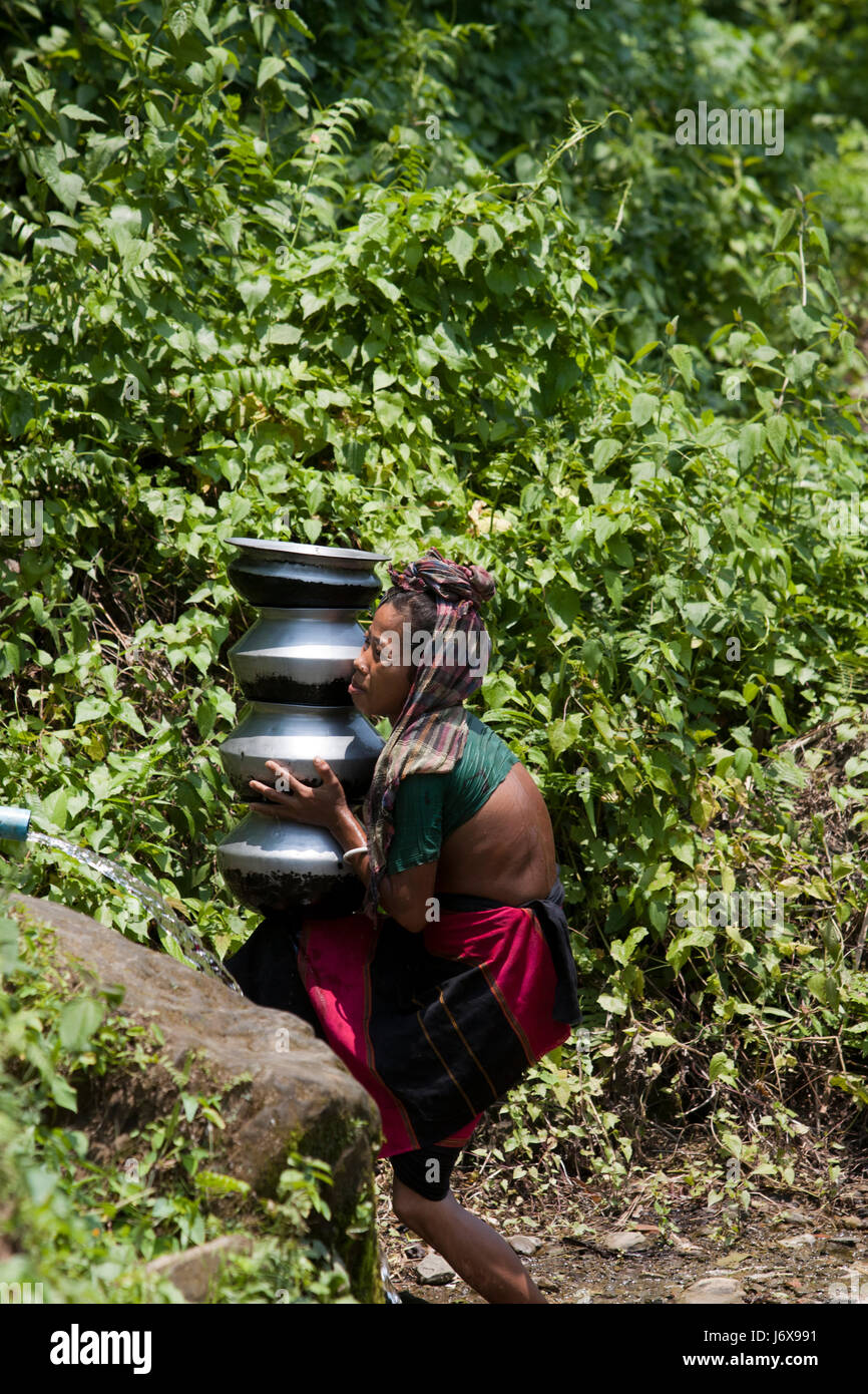 An ethnic woman carries water pots. Khagrachari, Bangladesh. Stock Photo