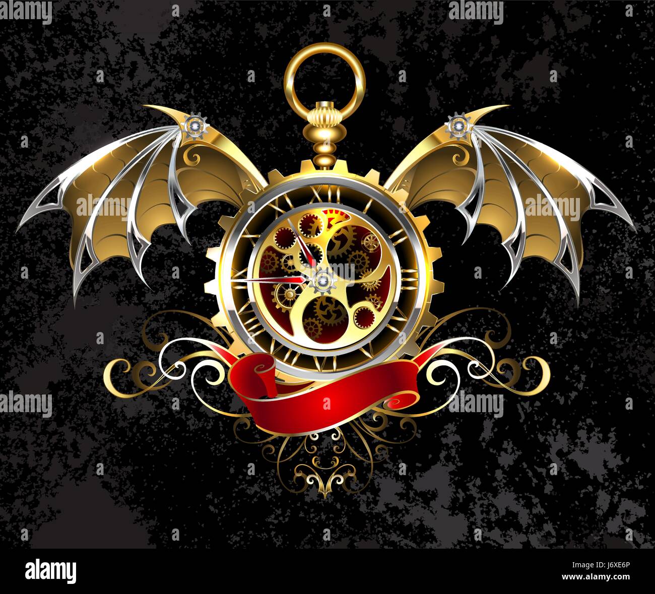 Gold, antique watches with mechanical, gold dragon wings, decorated with a bronze pattern and a red ribbon. Gold Antique Watches. Steampunk style. Stock Vector