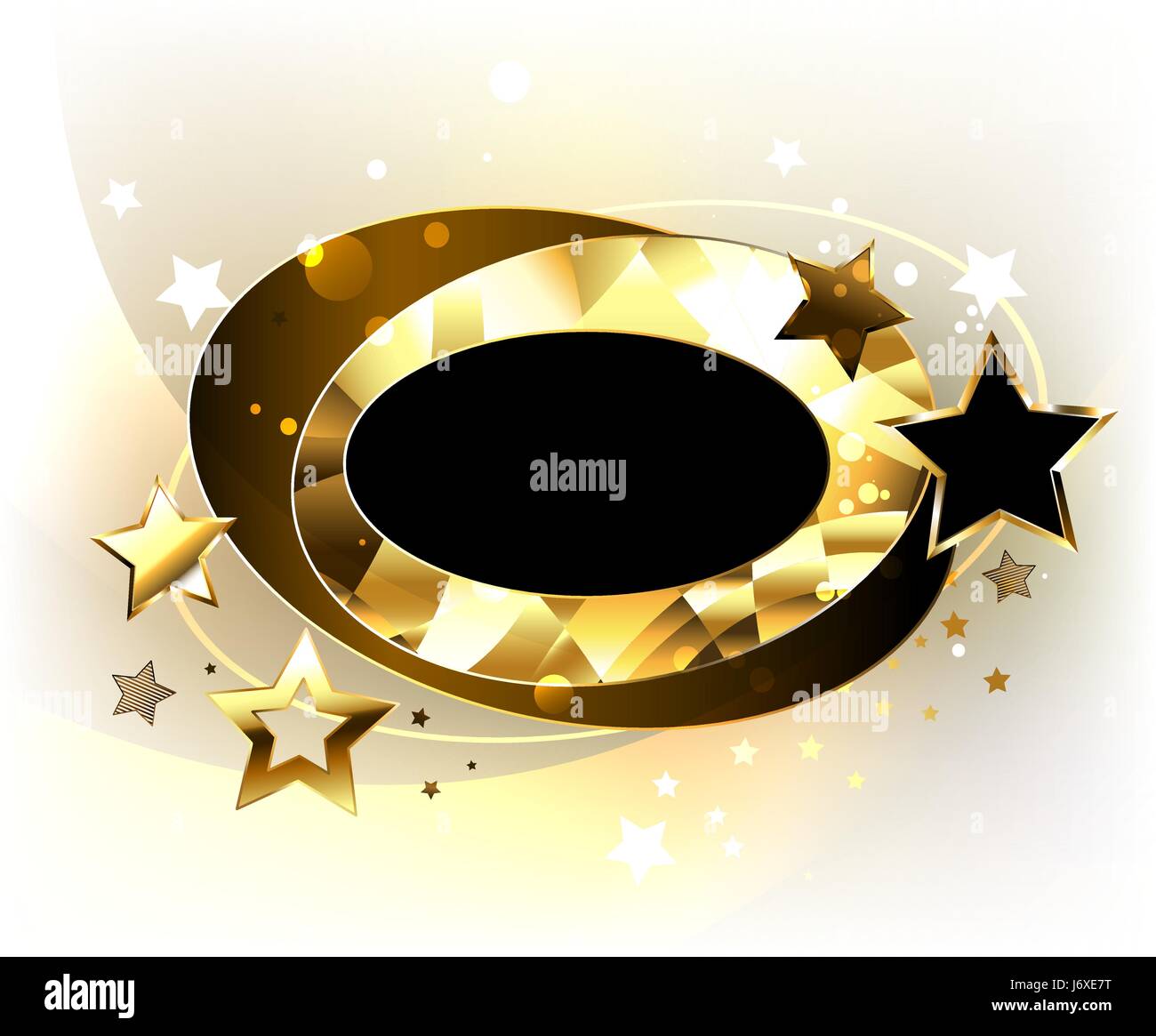 Dynamic, oval, polygonal, golden banner with gold and black stars on a light background. Design with gold stars. Polygonal banner. Stock Vector