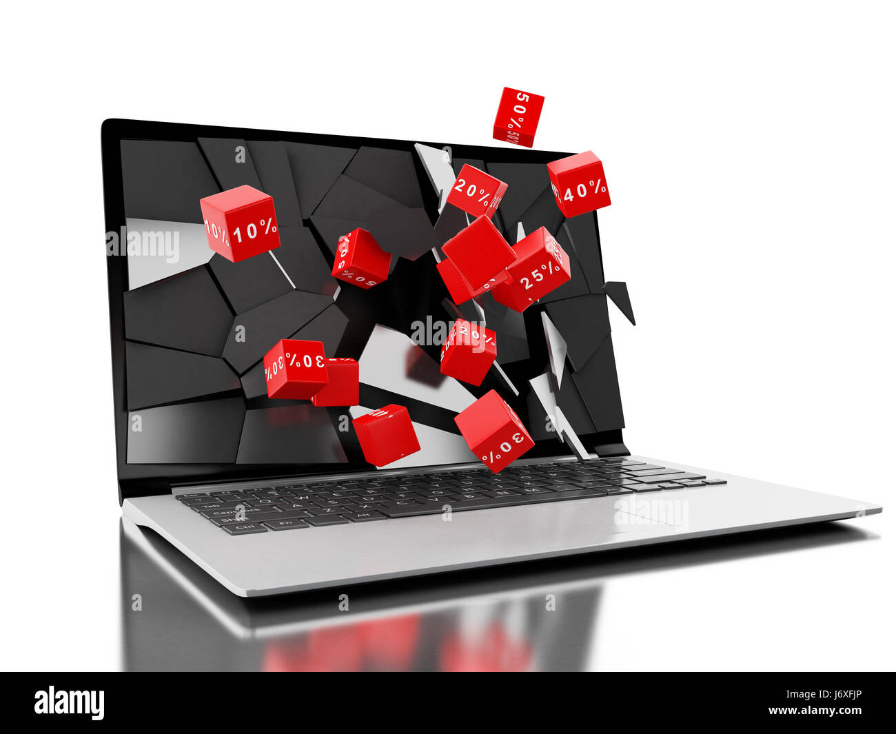 3d renderer illustration. Broken laptop screen with app icons. Online social media concept. Isolated white background Stock Photo