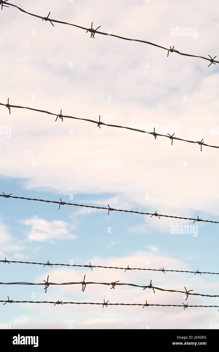 Fence of barbed wire against blue sky with clouds Stock Photo - Alamy