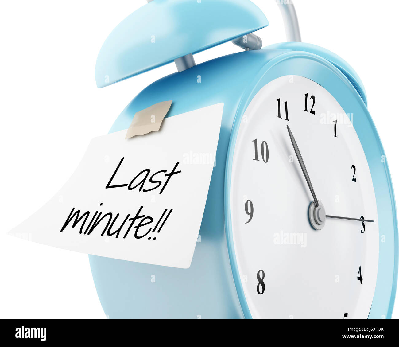 3d illustration. Alarm clock with sticky paper written "last minute