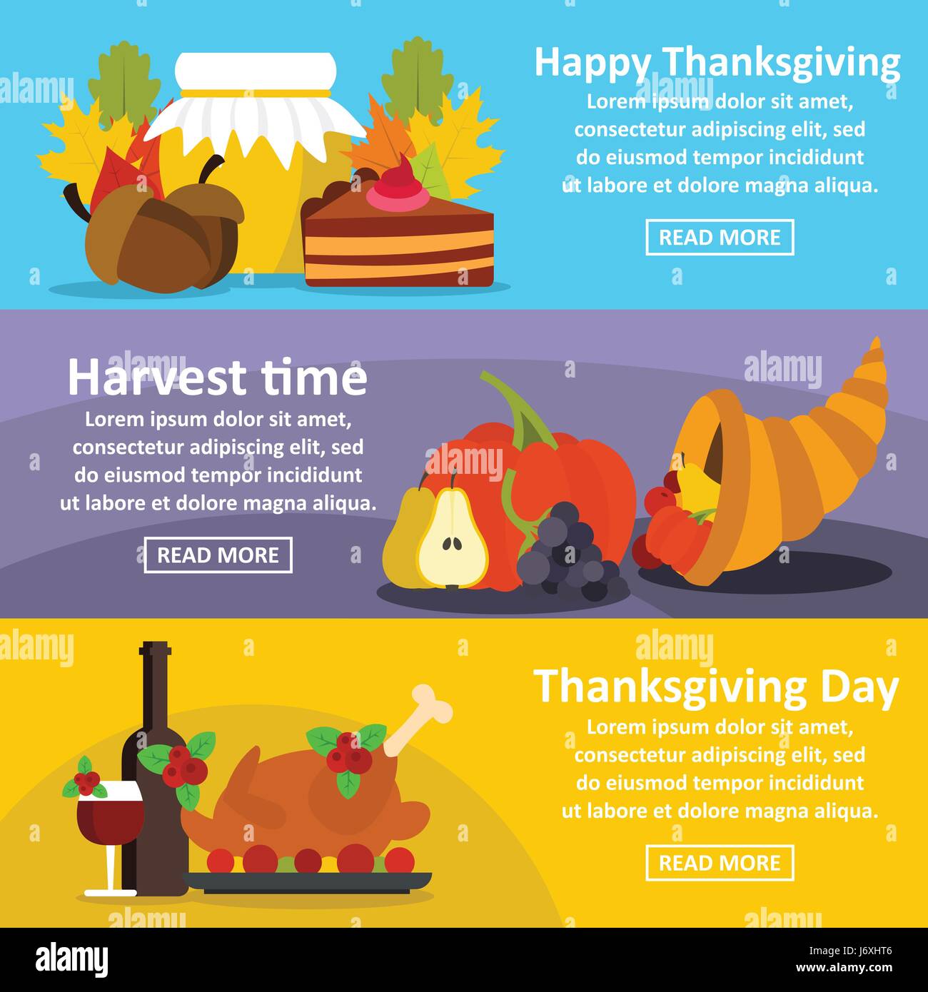 Thanksgiving banner horizonatal set, flat style Stock Vector Image ...