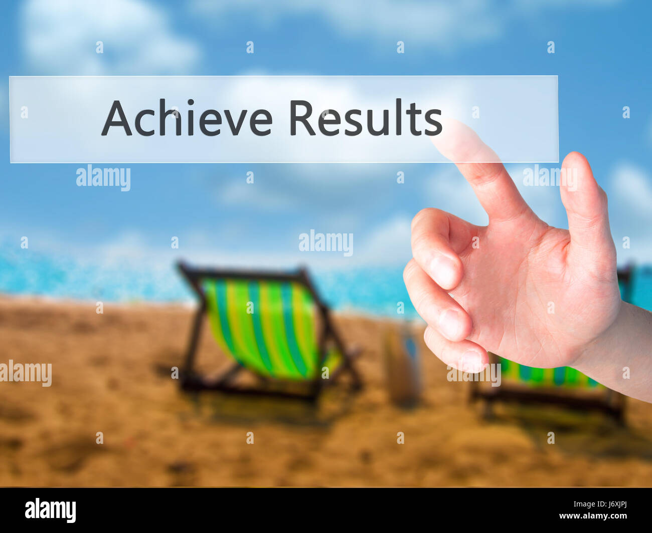 ACHIEVE RESULTS - Hand pressing a button on blurred background concept ...