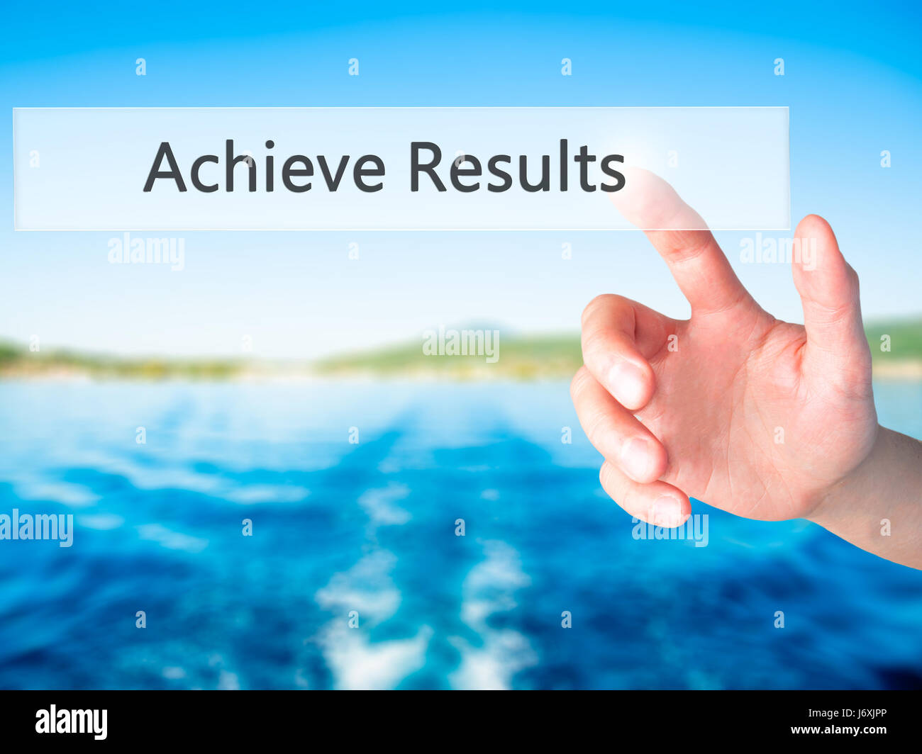 ACHIEVE RESULTS - Hand pressing a button on blurred background concept ...