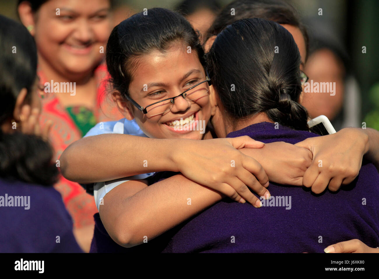 Jubilant students of Viqarunnisa Noon School and College celebrate their success as most of them obtained GPA-5 in the Junior School Certificate (JSC) Stock Photo