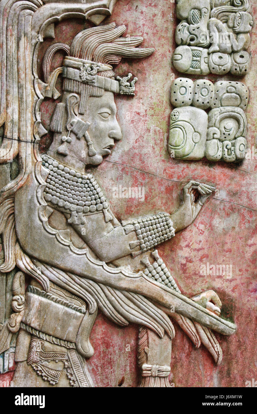 Bas-relief carving with of a Mayan king Pakal, pre-Columbian Maya