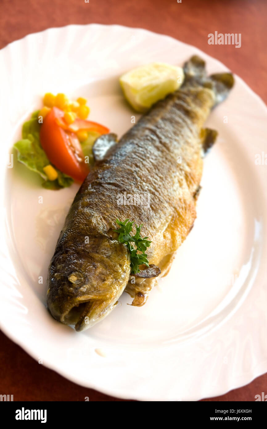 fish trout corn grill barbecue barbeque grilled butter tomato bread