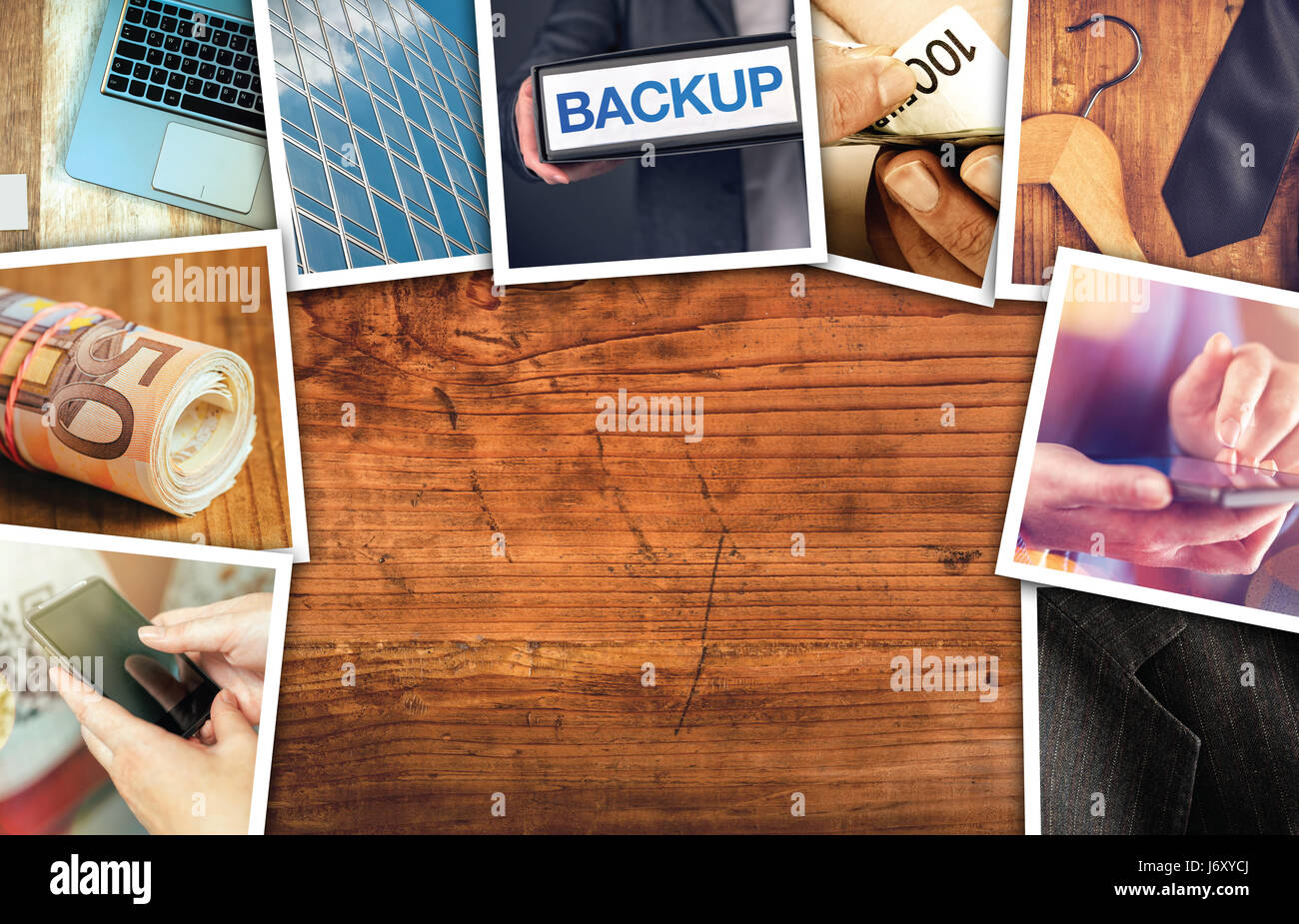 Business and entrepreneurship photo collage over wooden office desk background Stock Photo