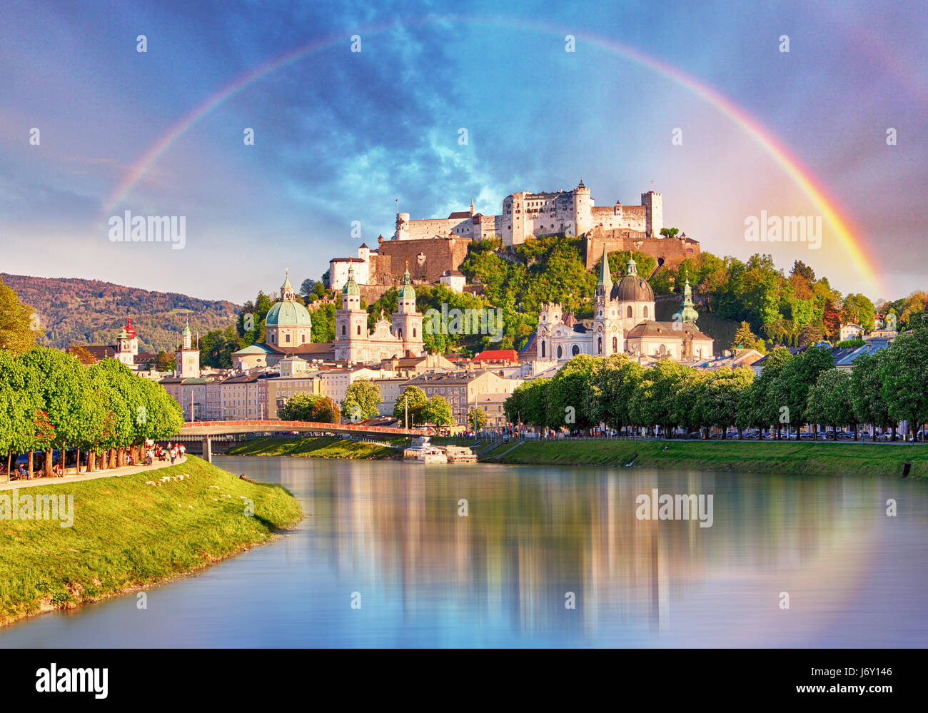 Austria, Rainbow over Salzburg castle Stock Photo