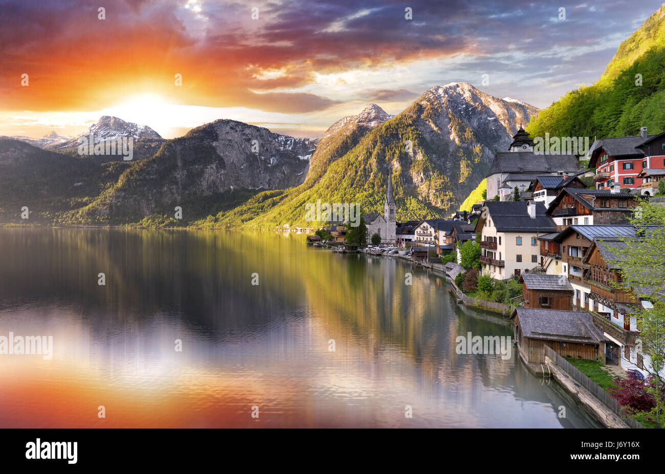 Austria Landscape Hallstatt Alp Lake Mountain At Sunrise Stock Photo 