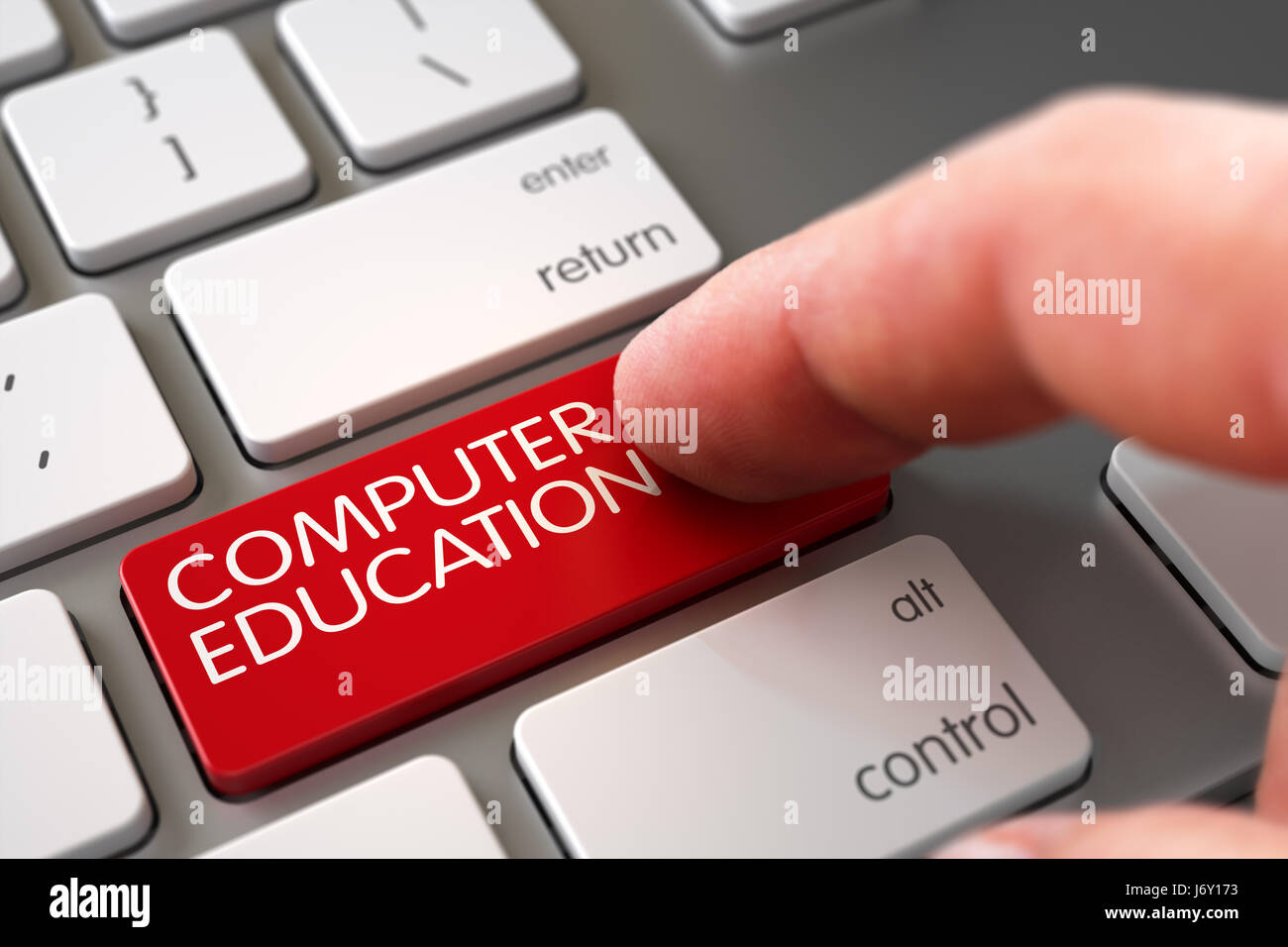 Hand Touching Computer Education Keypad. 3D. Stock Photo