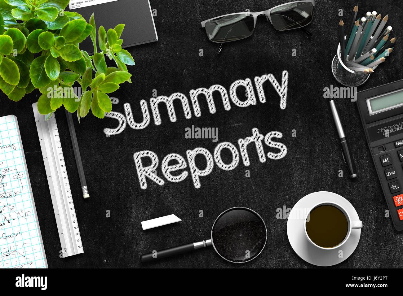 Black Chalkboard with Summary Reports Concept. 3D Rendering. Stock Photo