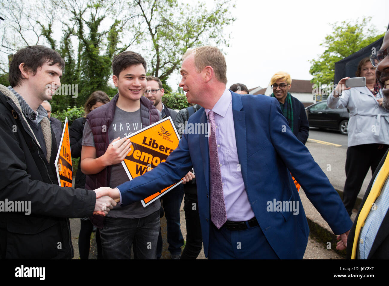 Liberal Democratic Tim Farron during a visit to Olton Solihull, West Midlands, UK Stock Photo