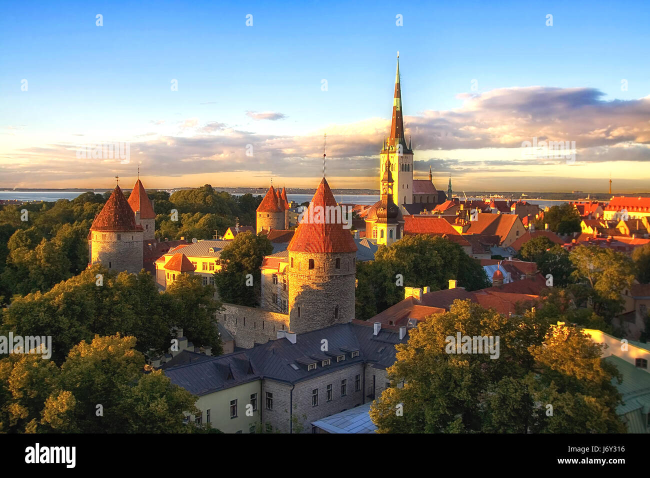 Old Talling castle and downtown historic city from elevated lookout at sunset. Stock Photo