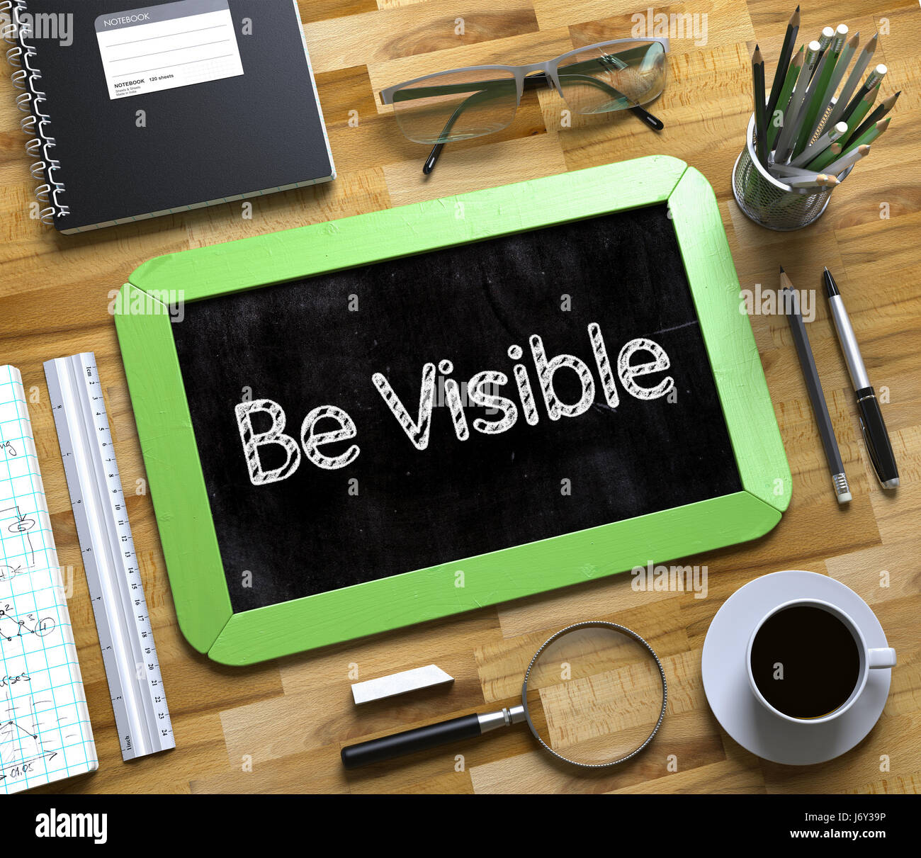 Be Visible Handwritten on Small Chalkboard. 3D. Stock Photo