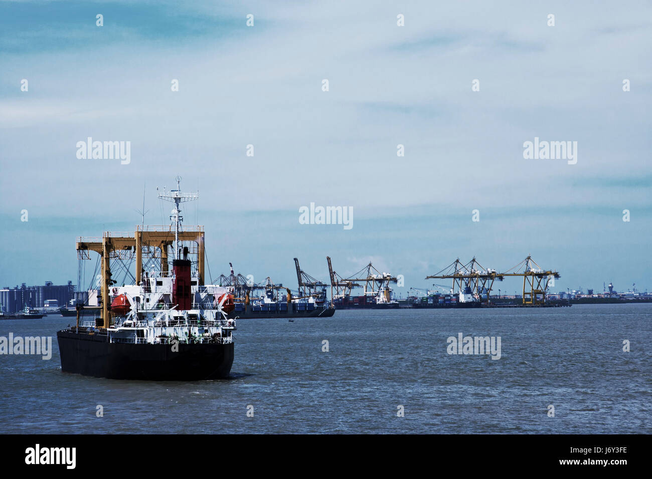 industrial harbor dock container boat freight ship containers rowing ...