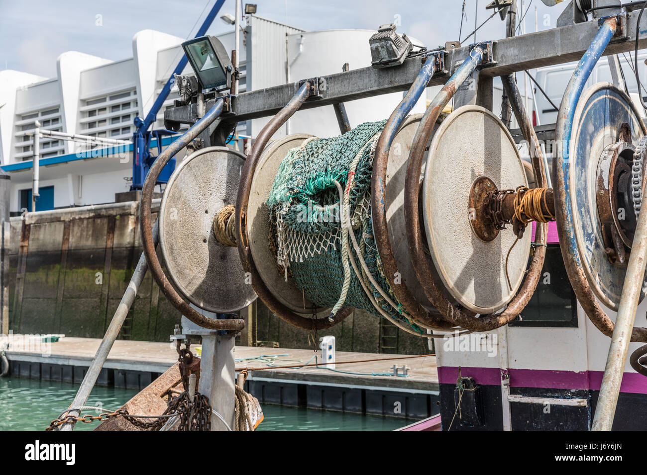 Rear of the trawler with the nets reels Stock Photo