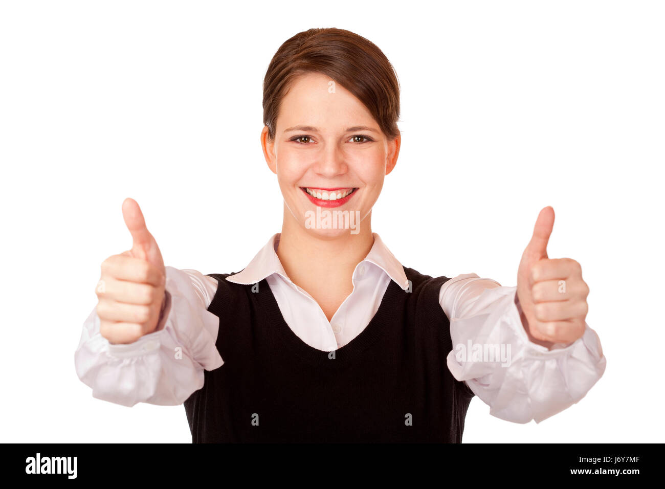 Dynamic Businesswoman Shows Both Thumbs Stock Photo Alamy