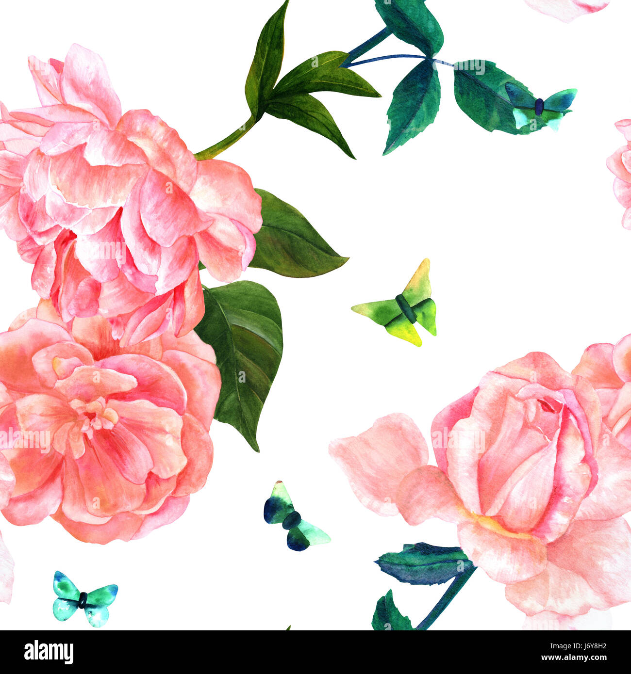 Seamless pattern with watercolor roses and butterflies, vintage Stock ...